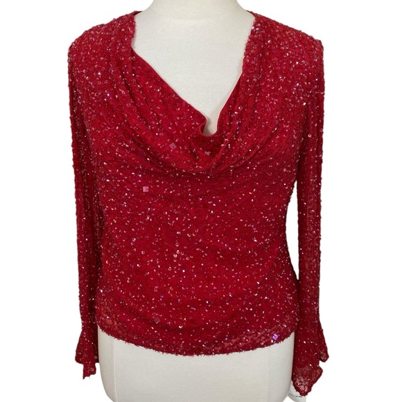 Vtg Marina Red Beaded Silk Bell Sleeve Cowl Neck Formal blouse - Picture 1 of 6